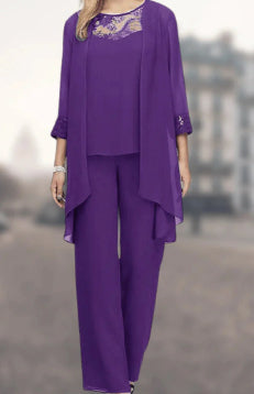 Round Neck Lace Chiffon Patchwork Cardigan Straight-leg Pants Three-piece Suit