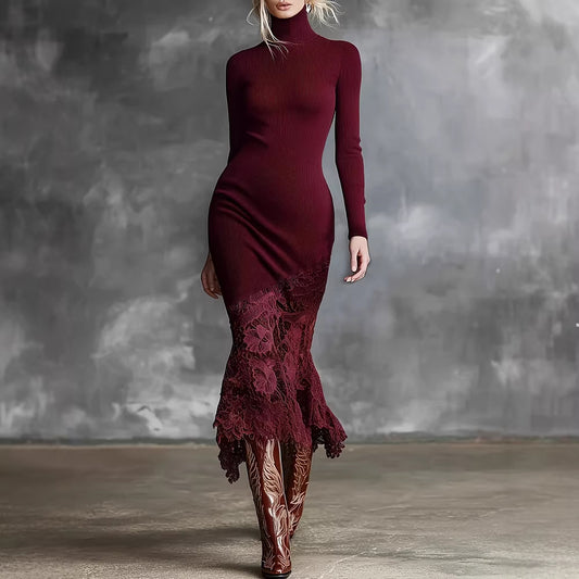 Turtleneck Knit Dress With A Lace Hema Sophisticated Mid-length Skirt