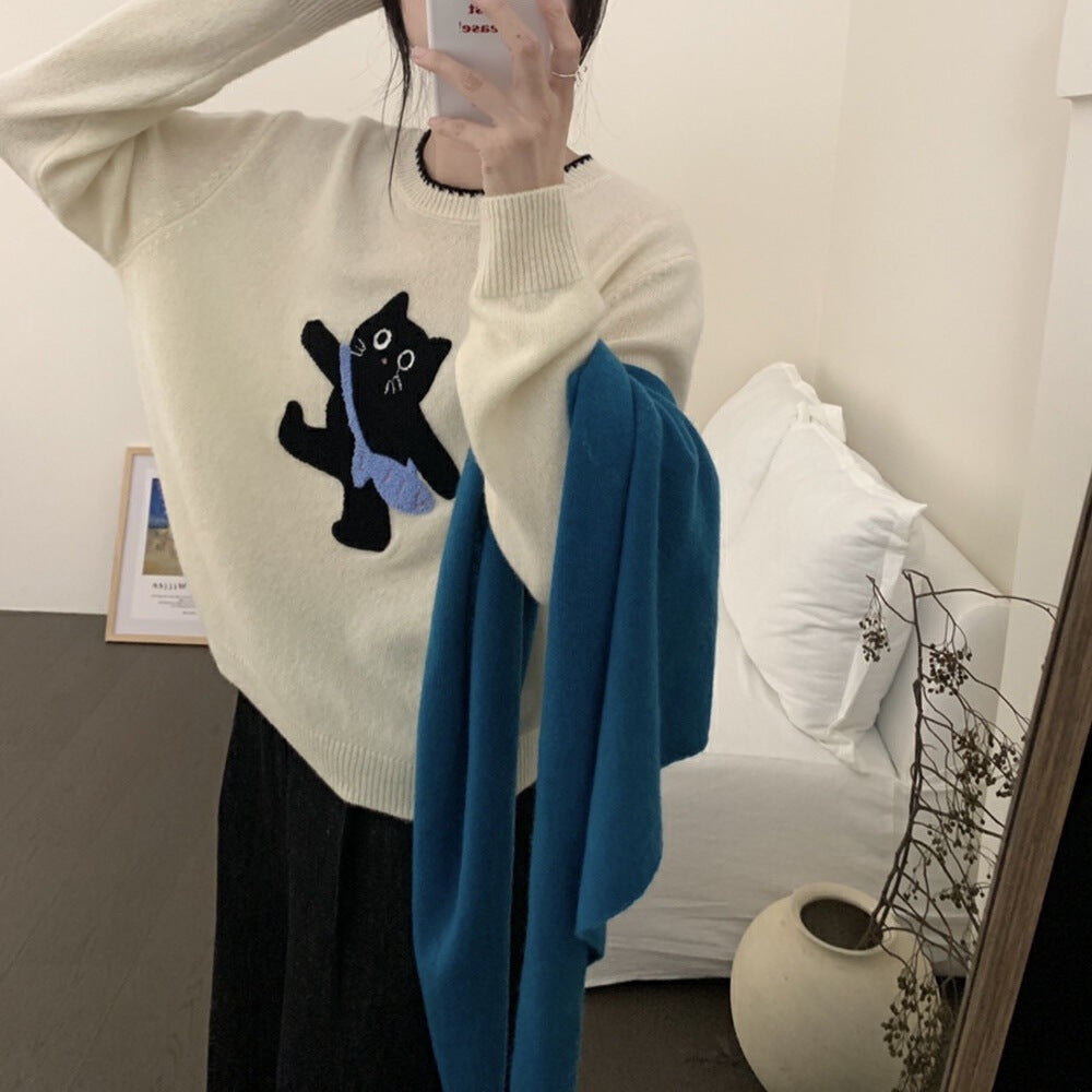 Women's All-match Cartoon Cat Round Neck Knitted Sweater