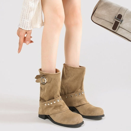Women's Rivet Pleated Slouch Boots Martin