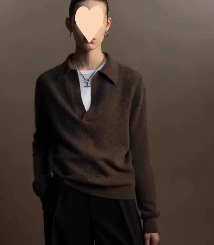American Retro V-neck Solid Color Sweater