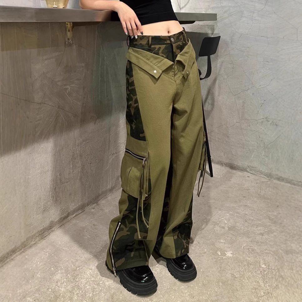 Retro High Waist Tooling Pants Fake Two Stitching Leopard Print Jeans