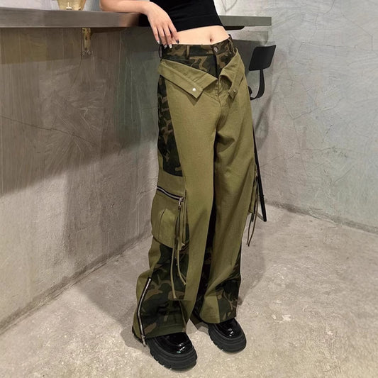 Retro High Waist Tooling Pants Fake Two Stitching Leopard Print Jeans