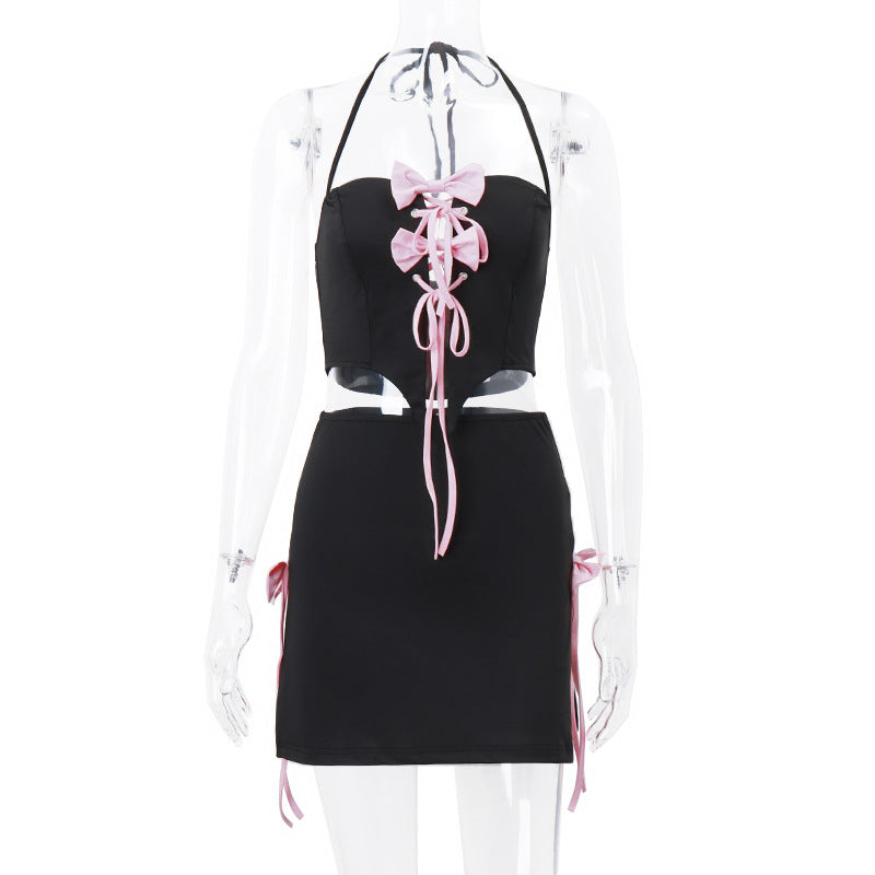 Summer Sexy Pure Desire Bow Bandage Halterneck Vest Stitching Skirt Suit
