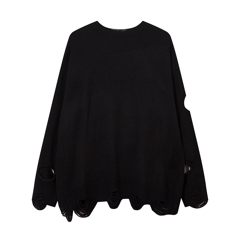 Heavy Industry Ripped Hollow-out Round Neck Sweater Bf Idle Style
