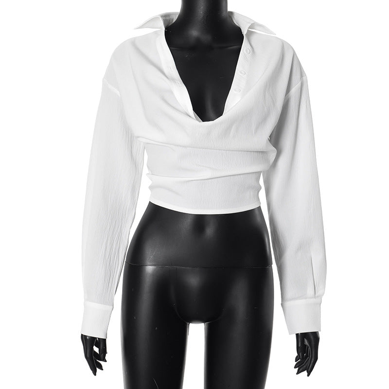 Solid Color Swing Collar Low Cut Navel Long Sleeve Casual Top