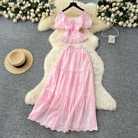 Womens Solid-Color, Defined-Waist, Square-Neck Puff-Sleeve Shirt And Skirt Set