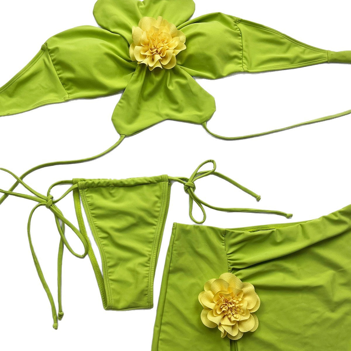 Sexy Three-Piece Split Swimsuit 3D Flower Strap Bikini Swimwear For Women
