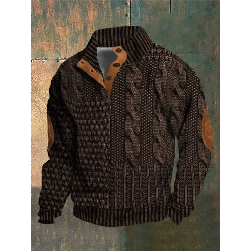 Digital Printing Stand Collar Men's Street Trend Buckle Polo Sweater 3D