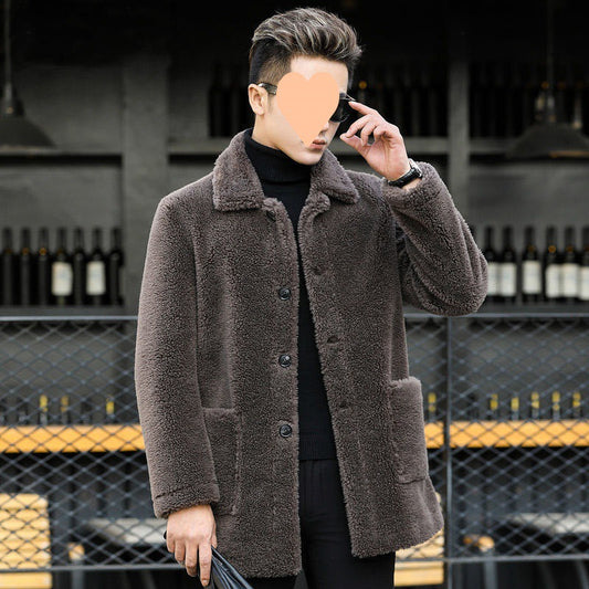 Artificial Lamb Wool Leather Coat Men's Mid-length Warm Coat