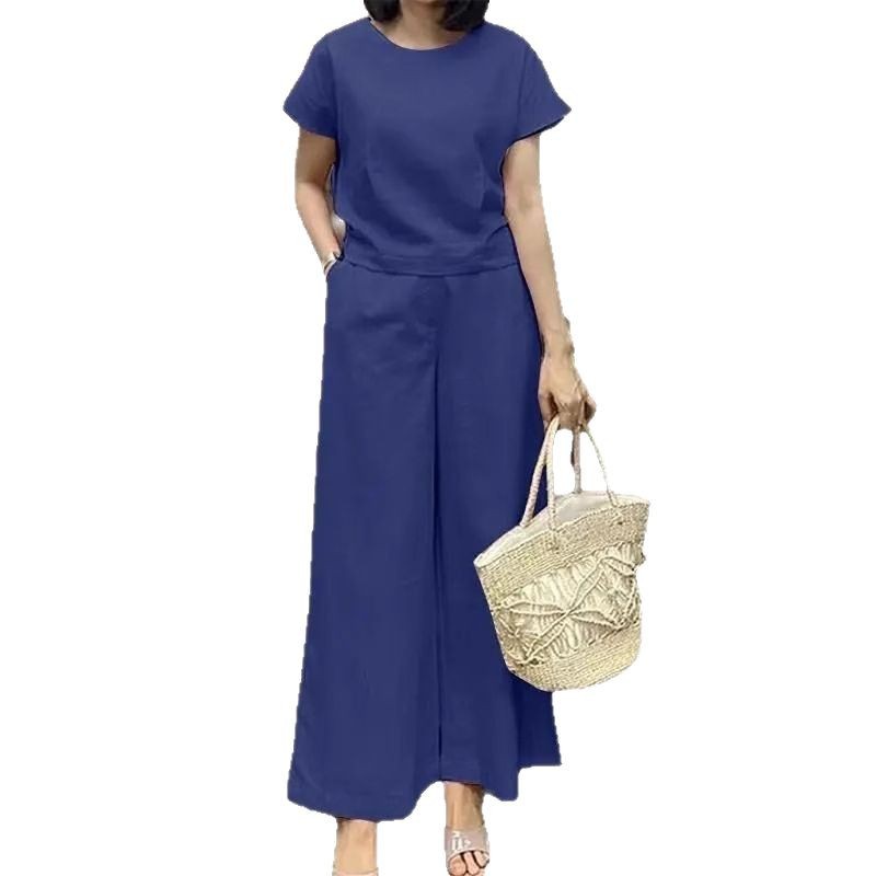 Womens Short-Sleeve Sporty Casual Set Cropped Loose Top And Cropped Pants Two-Piece Set