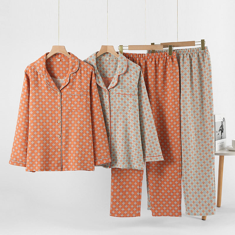 Womens Double-Layer Yarn-Dyed Cotton Long-Sleeve Top And Pants Set