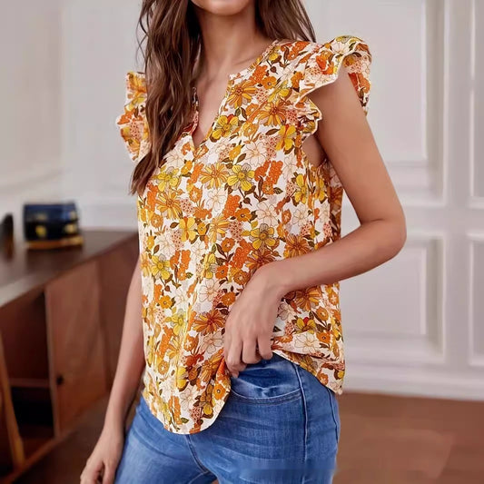 Temperament Commute Loose Casual Ruffle Sleeve Floral Blouse