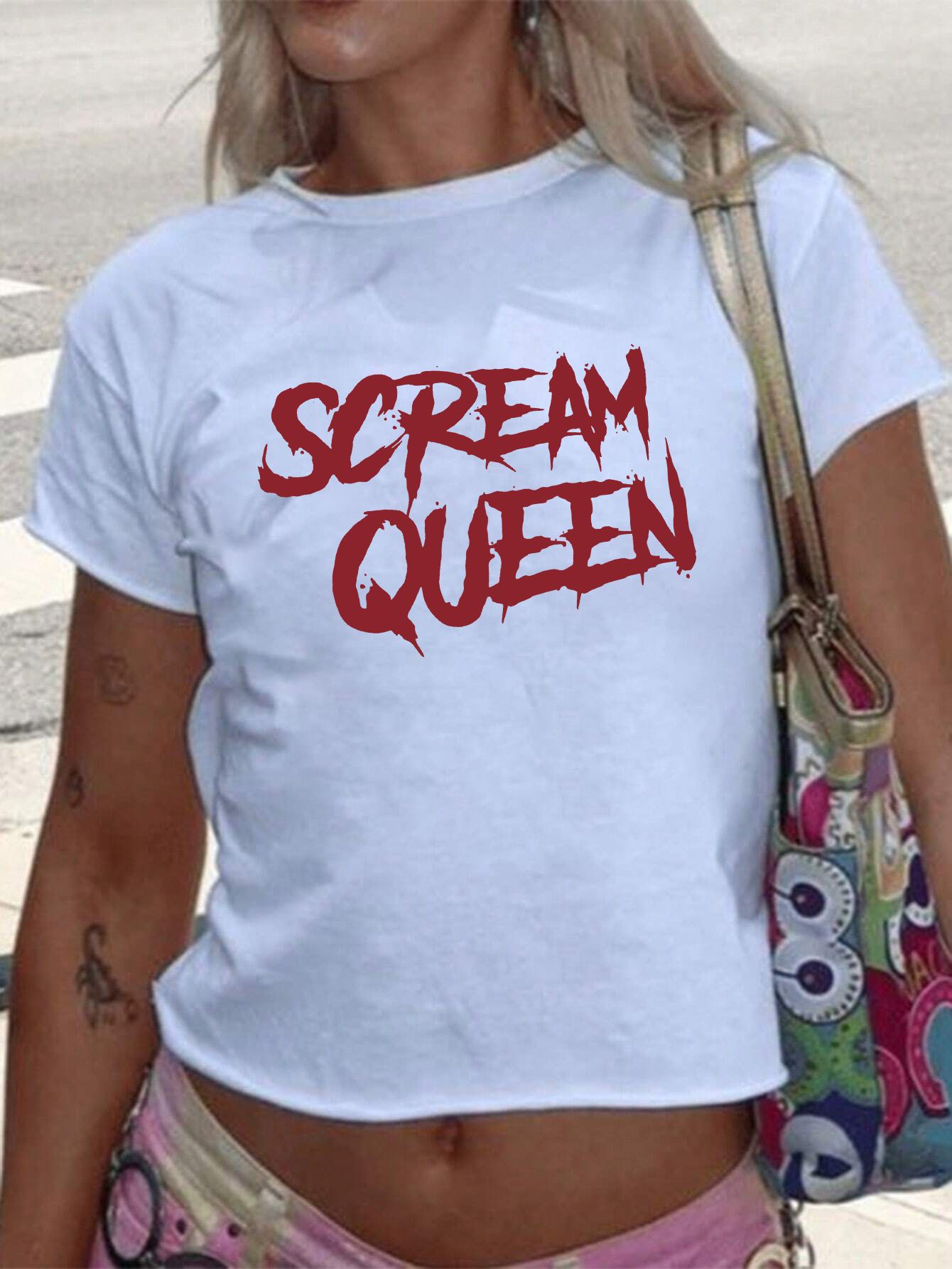 Printed Slim-fit Shoulder T-shirt Sweet And Spicy Top