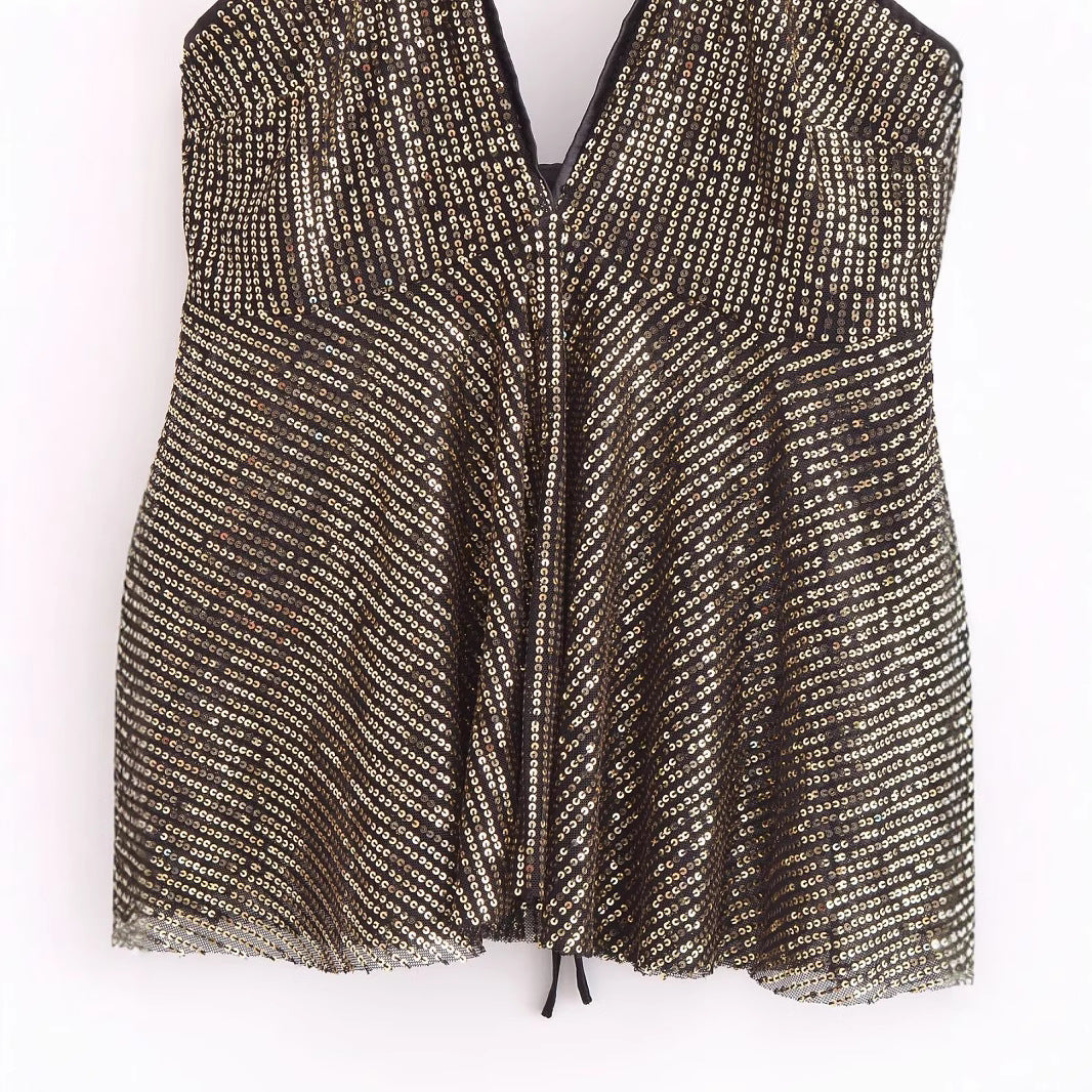 Womens Fashionable Sexy Sequin Cross-Back Camisole