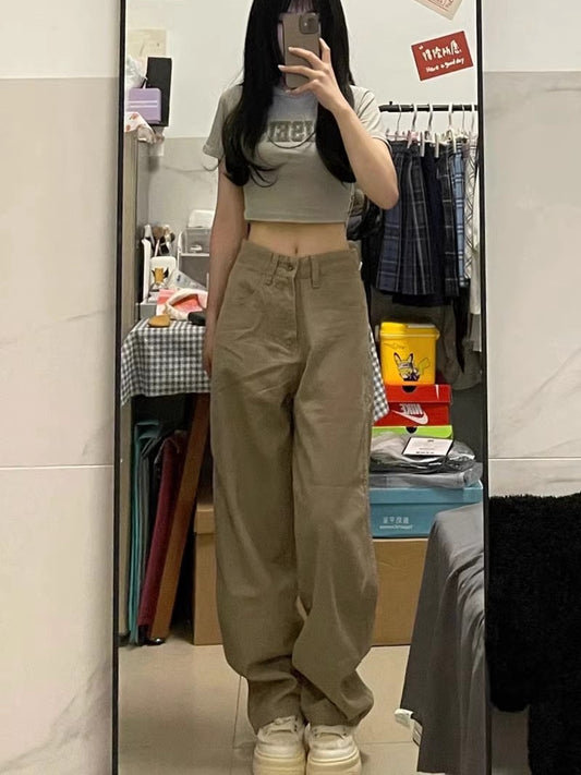 Khaki Narrow Wide-leg Jeans High Waist All-matching Straight Mop Pants