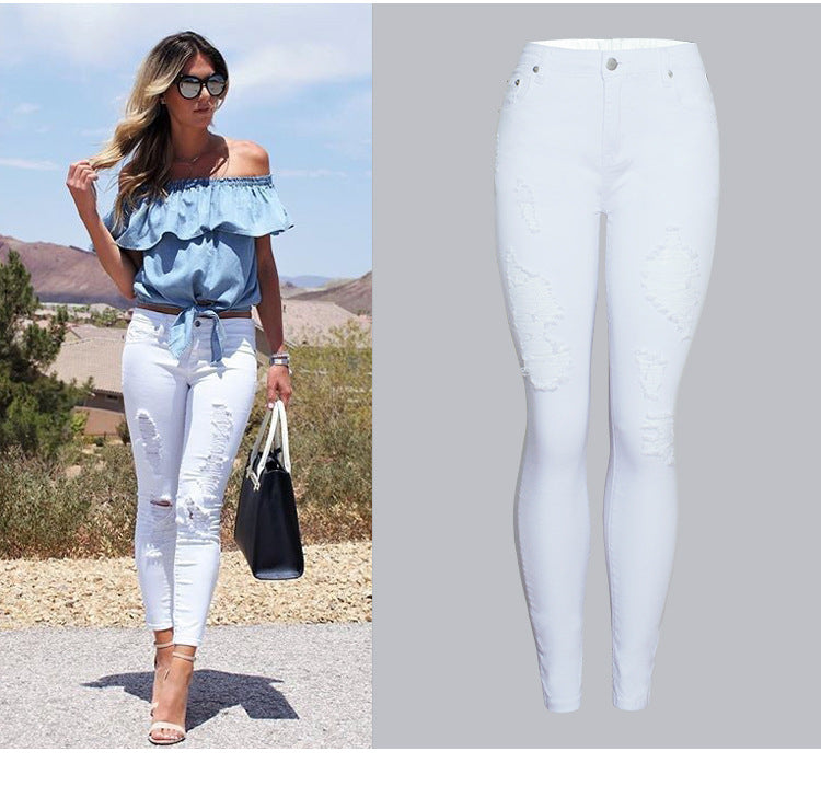 Trendy Slim-fit Ensfarvede Hvide Ripped Skinny Bukser til Kvinder