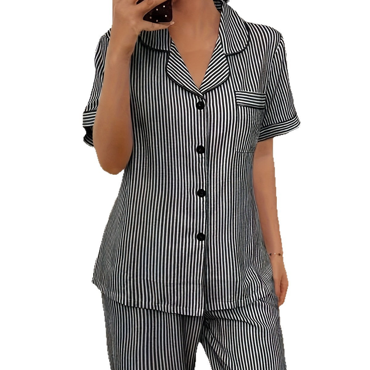 Womens Comfortable Striped Short-Sleeve Top And Pants Pajama Set