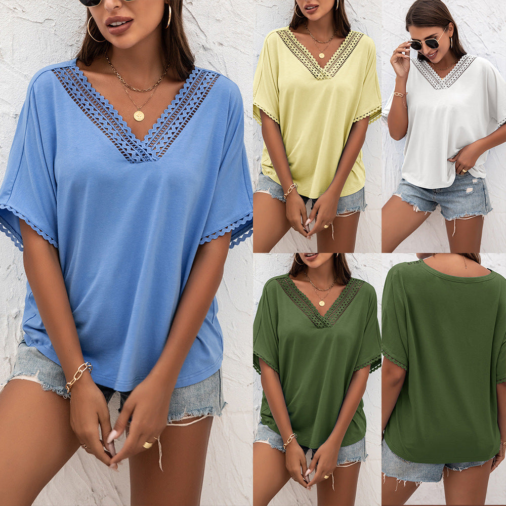 Summer New Hollow-out Splicing V Collar Loose Sweater