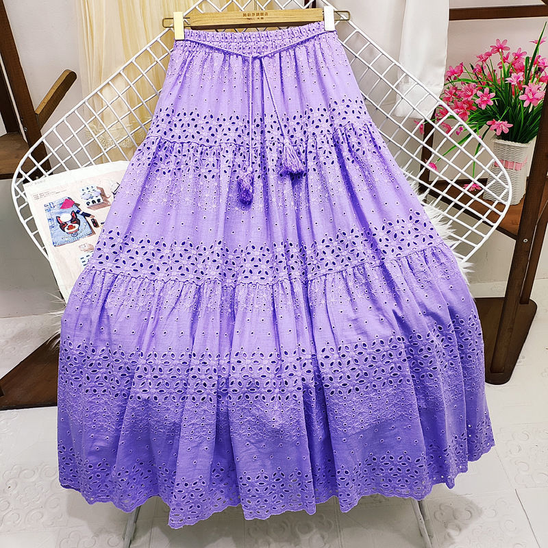 High Waist Stitching Crocheted Fairy Large Swing A- Line Mid-length