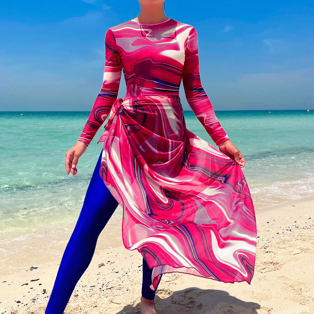 Womens Long-sleeve, Modest, Long-length Printed Vacation Beach Swimsuit