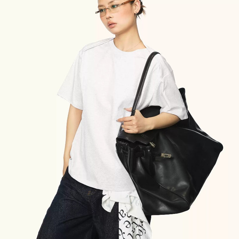 Retro Round Neck Short Sleeves T-shirt Women's Summer Stitching Design Sense