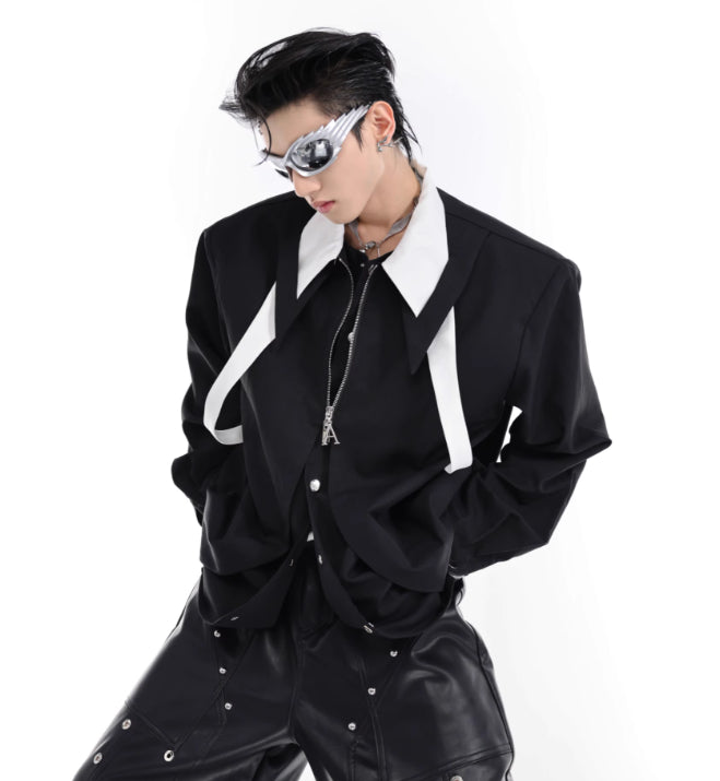 Contrast Color Split Tie Shirt Double Layer Design Sense