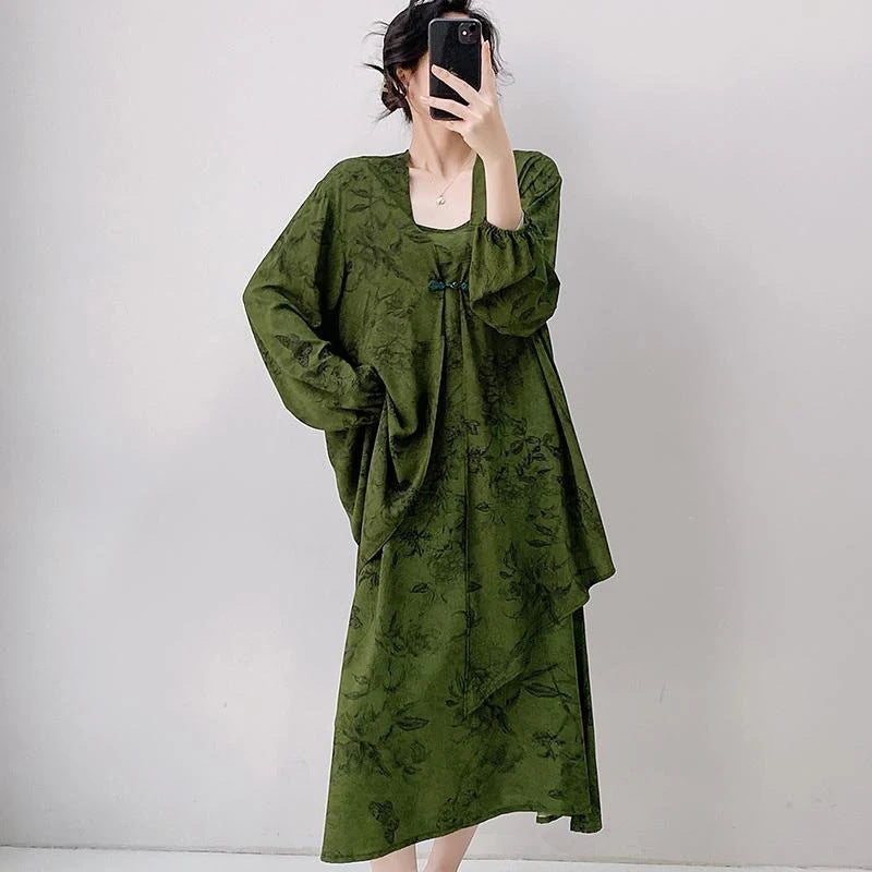 Womens Loose Casual Printed Camisole Dress And Outerwear Set