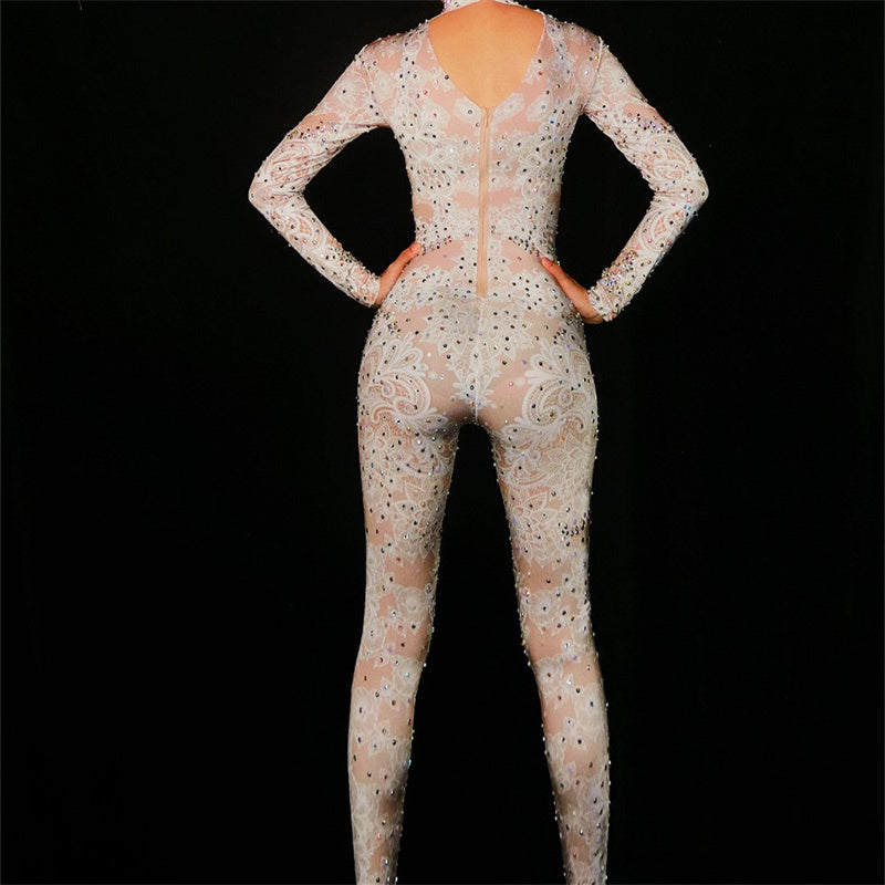 Women's Fashion Print Full Diamond Long-sleeved Jumpsuit