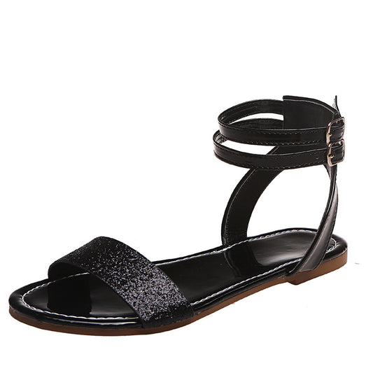 Double Buckle Sandals With Rhinestone Fish Mouth