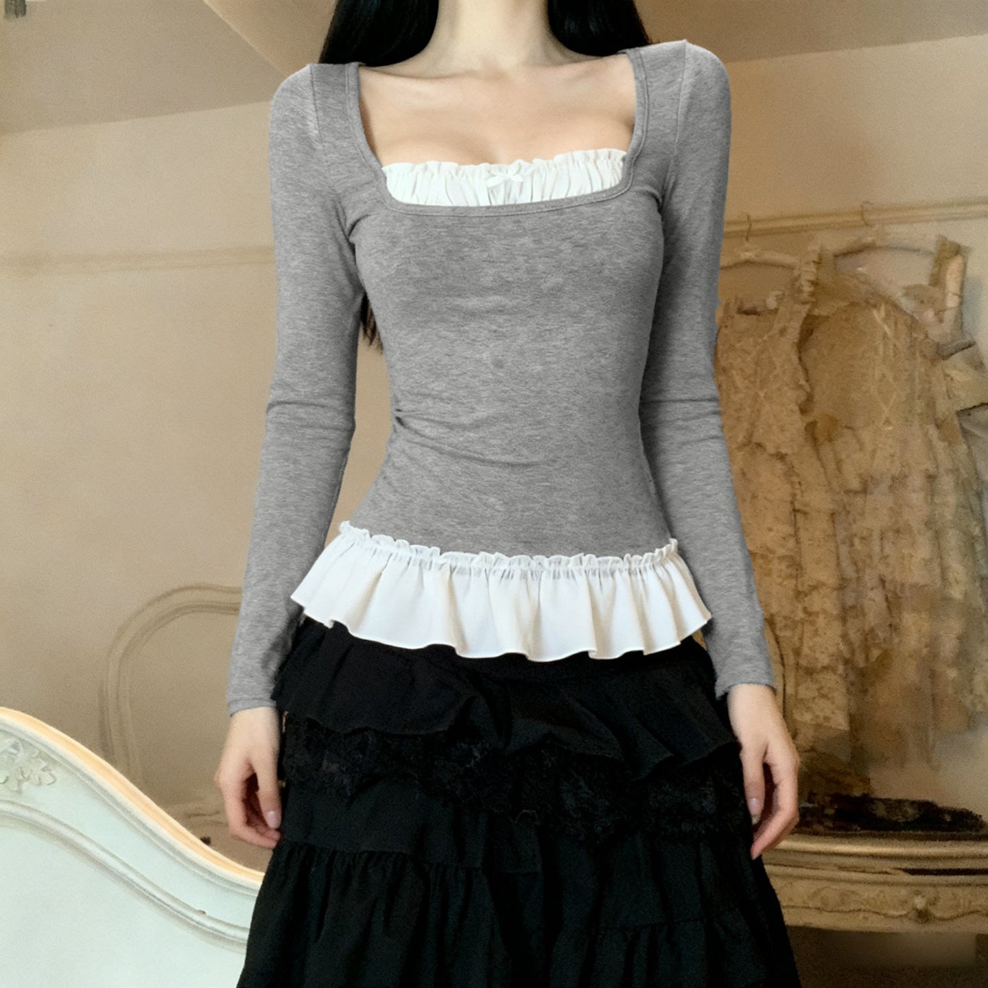 Women's Casual Fake Two-Piece Lace Long Sleeve T-Shirt