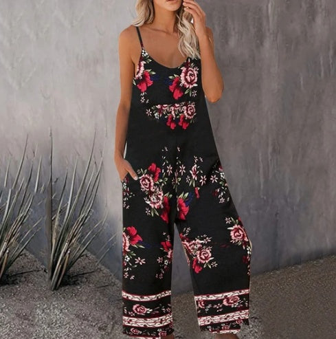 Summer New Style Cross-border Foreign Trade Printed Pocket Casual Jumpsuit