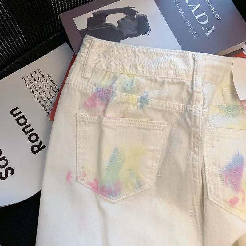 Retro Tie-dye Graffiti Straight High Waist Jeans For Women