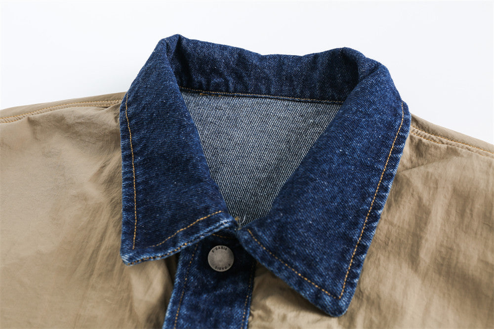 Color Matching Stitching Denim Baggy Coat Men's