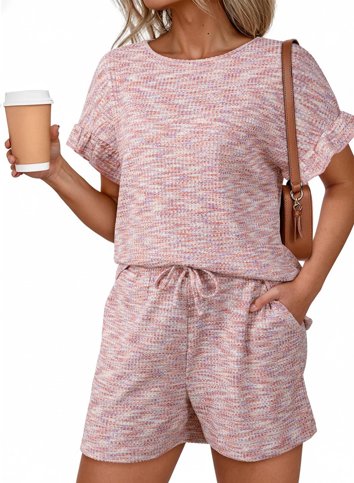 Summer Crew Neck Pullover Ruffle Sleeve Drawstring Pocket Shorts Set