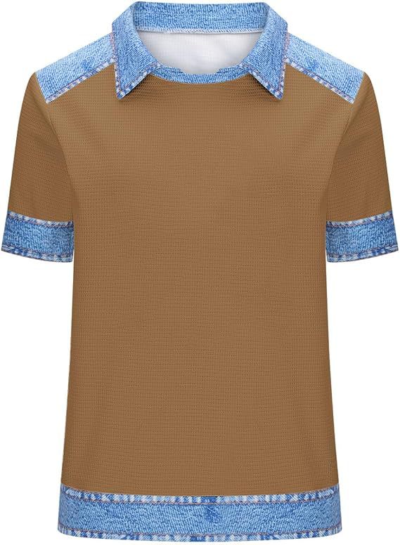 Denim Patchwork Crew Neck Short-sleeve Loose Casual Everyday Versatile