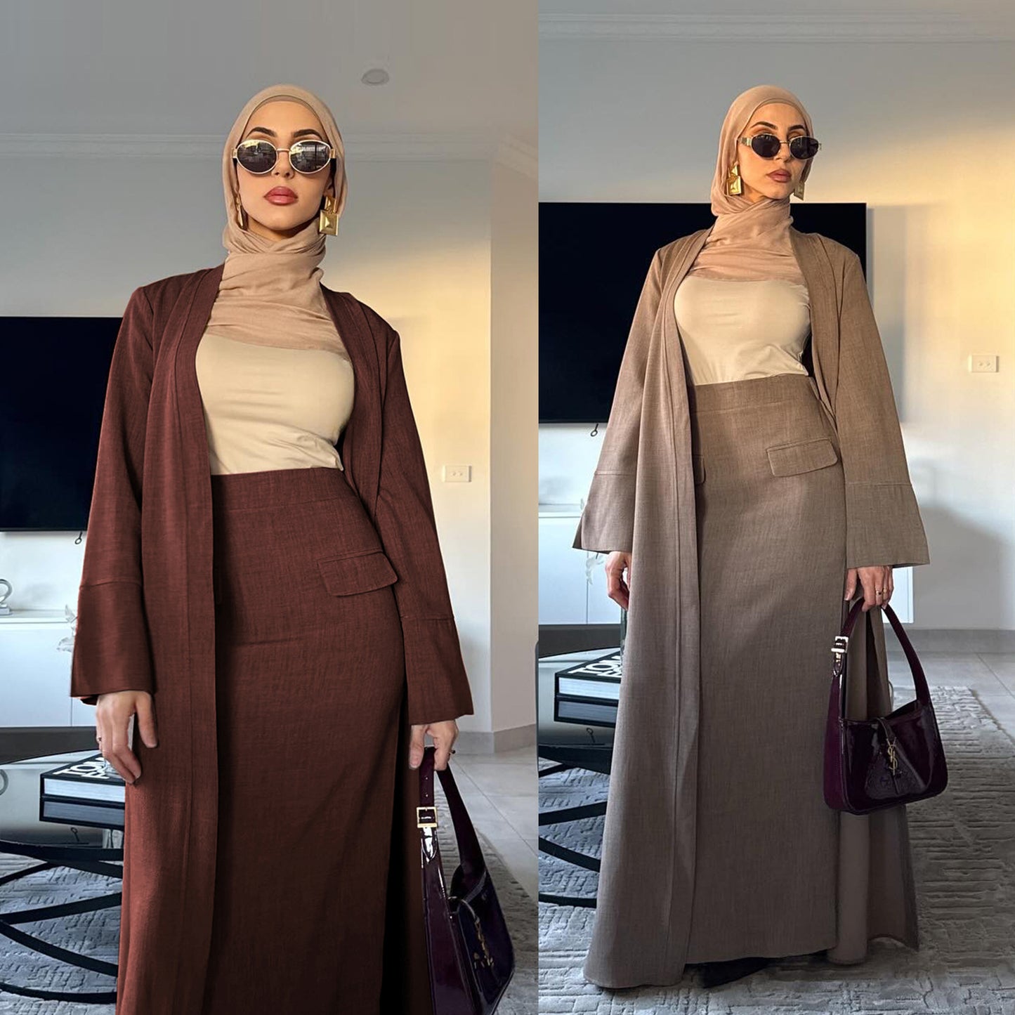 Dubai Fashion Solid Color Cardigan Skirt Two-Piece Set