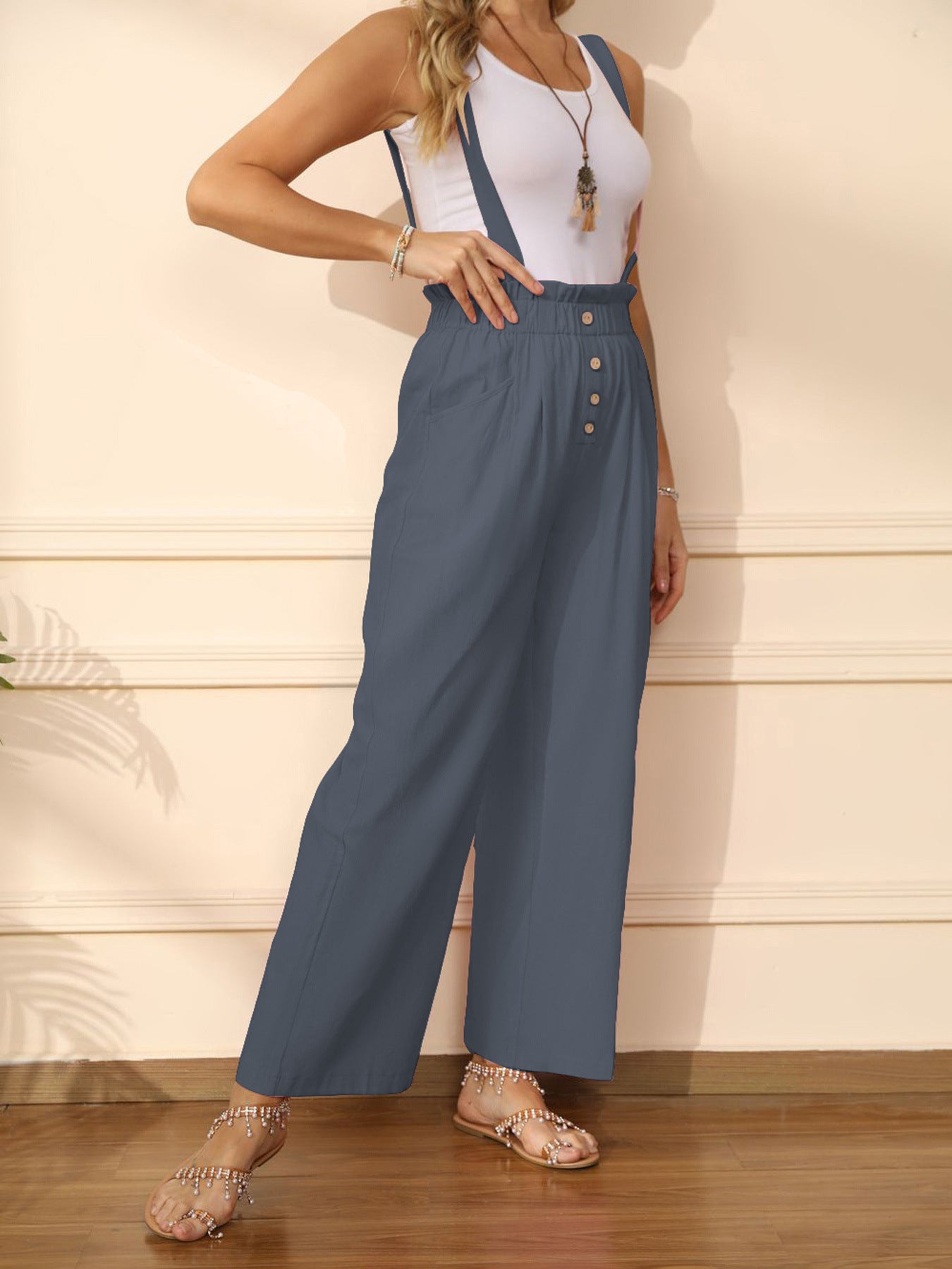 Detachable Adjustable Suspender Pants Pure Cotton Casual Straight-leg