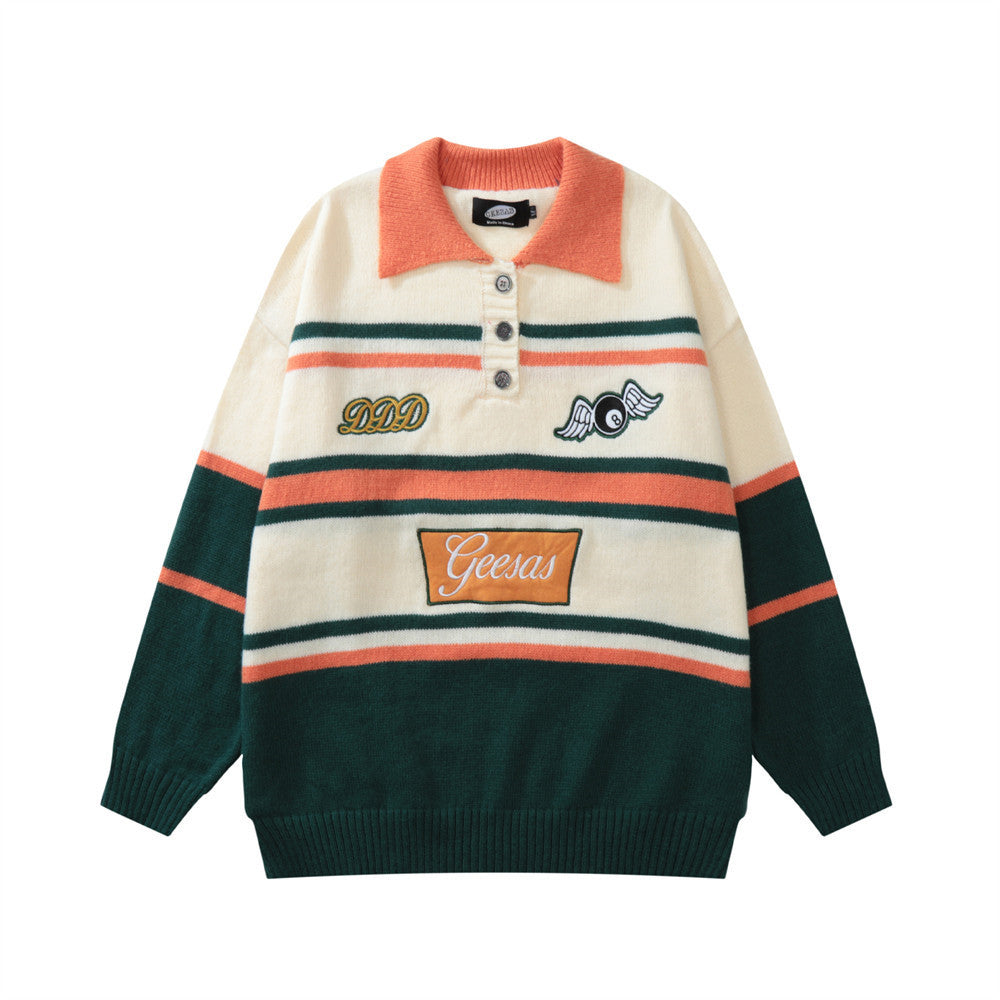 Men's American Style Colorblock Striped Lapel Pullover Sweater