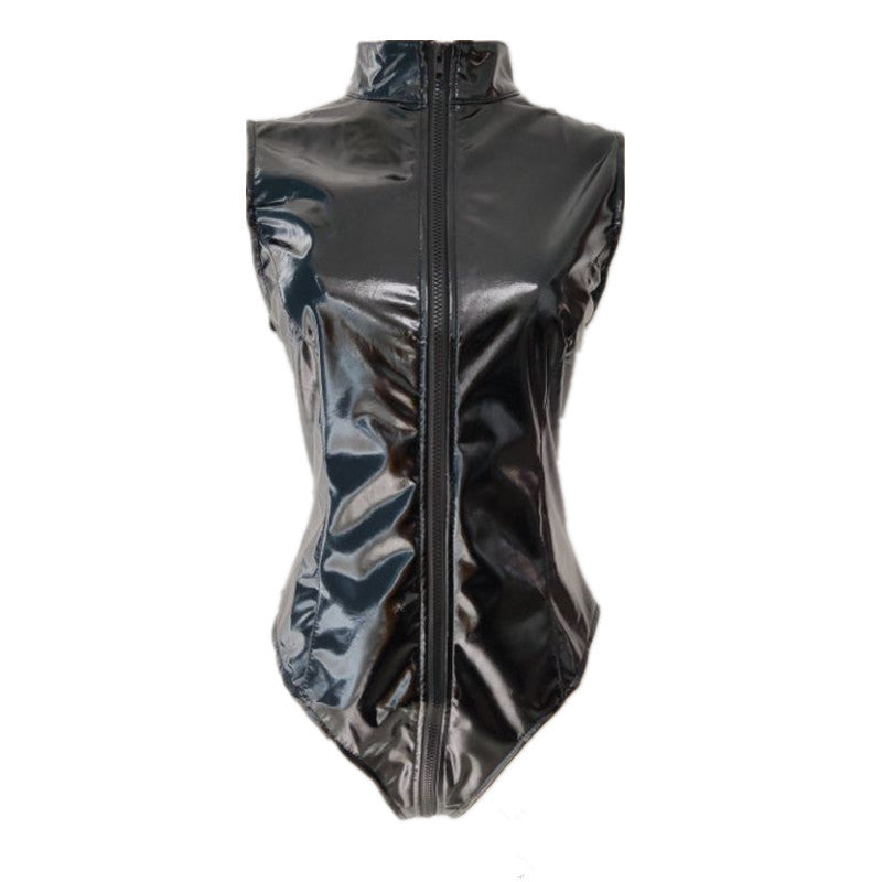 Black Mirror Elastic PVC Bright Leather Zipper Triangle Tight Jumpsuit