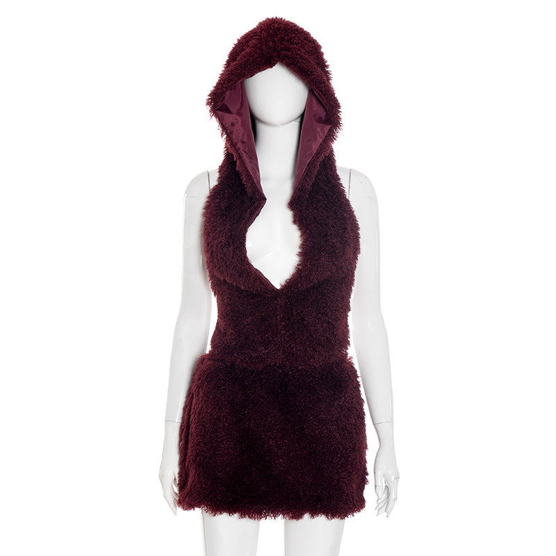 U-neck Hooded Backless Miniskirt Two-piece Suit For Women