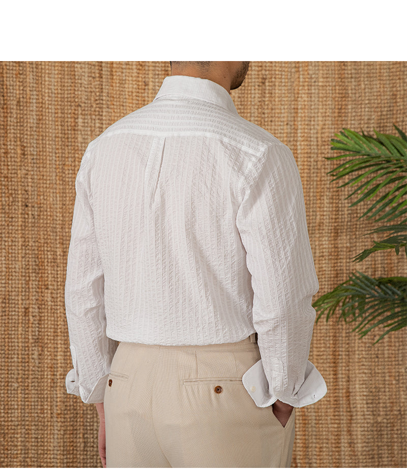 Cotton Seersucker Thin Long-sleeved Shirt One Collar Casual Shirt