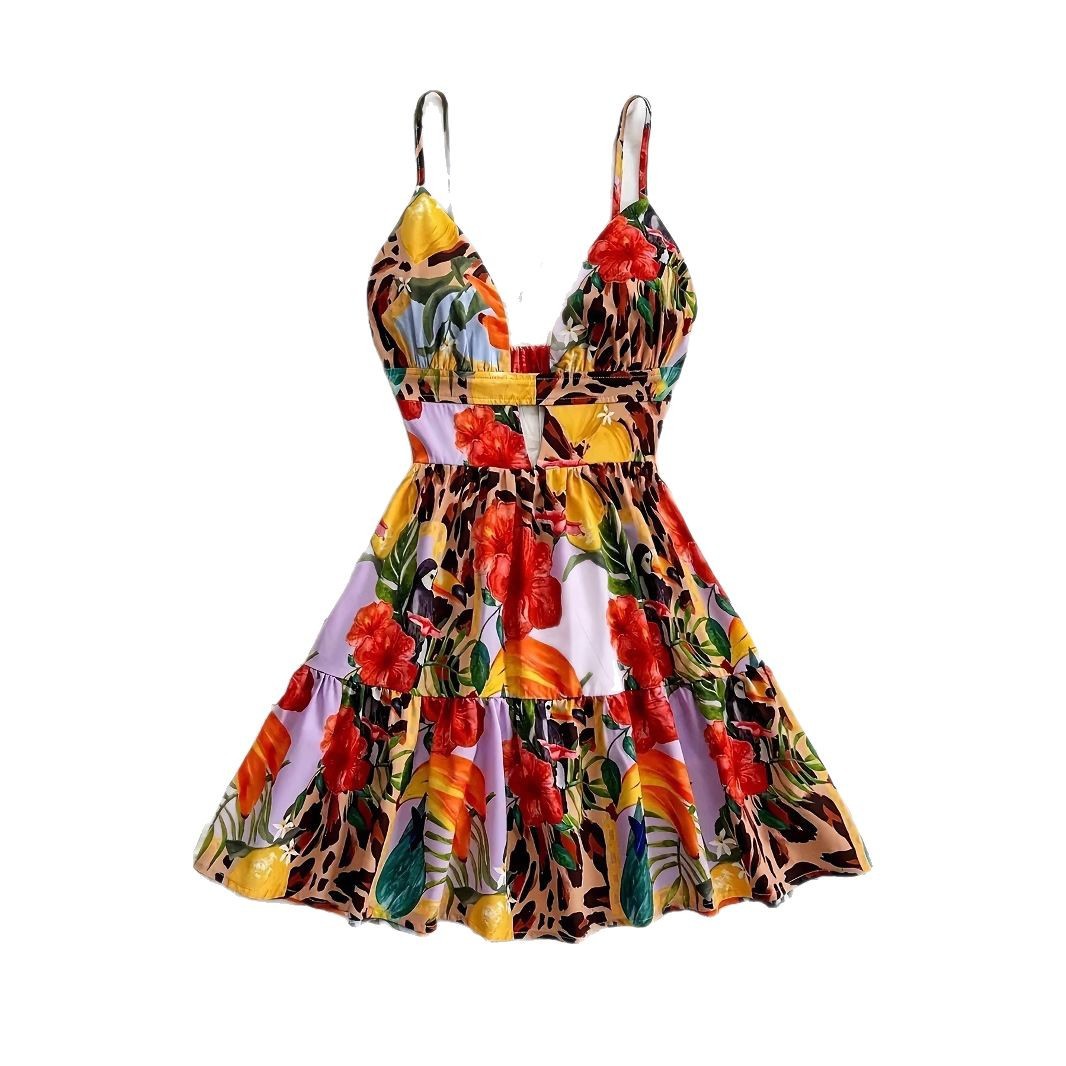 Printed Strap V Neck Hollow Out Backless Beach Dress