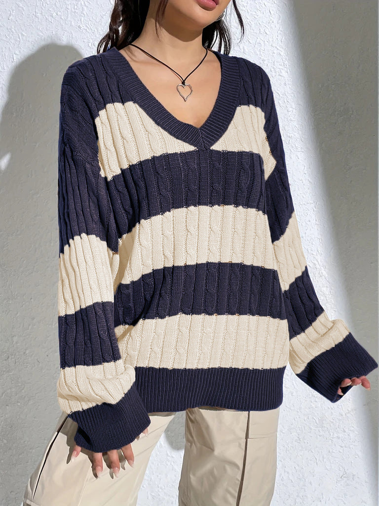 Contrast Color V-neck Loose-fitting Long Sleeve Sweater Women