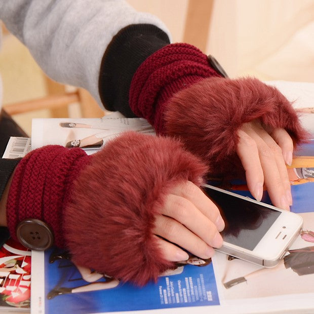 Women's Warm Solid Color Button Half-finger Gloves