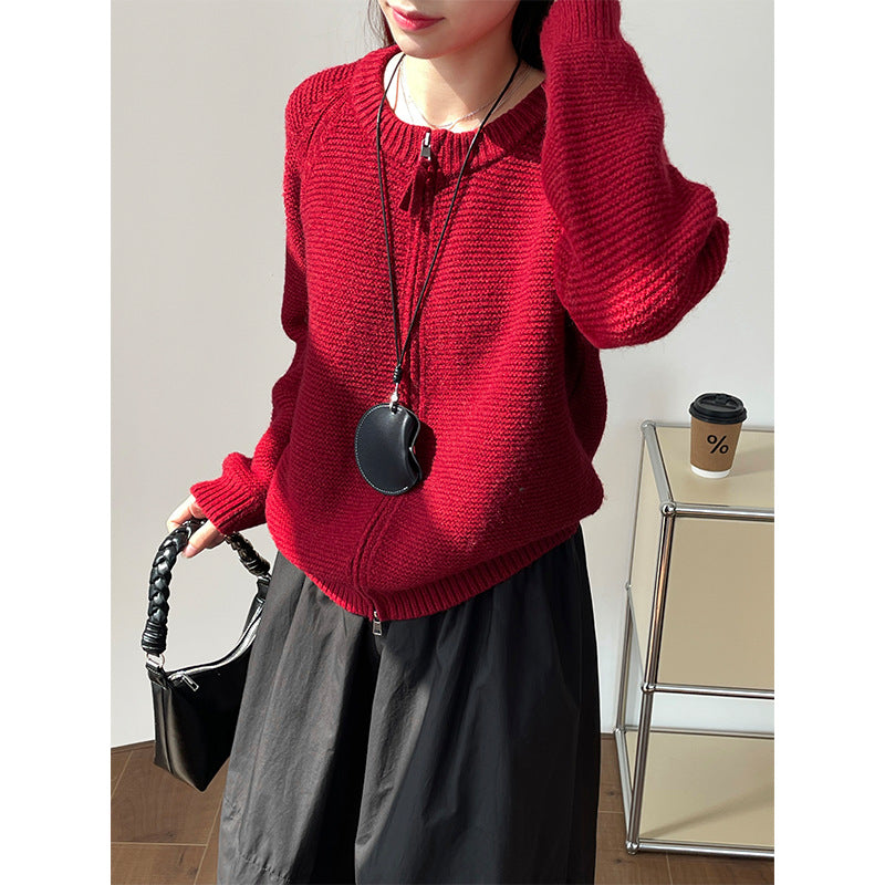 Sweater Double Zipper Sweater For Women Loose And Lazy Style Crew Neck Coat