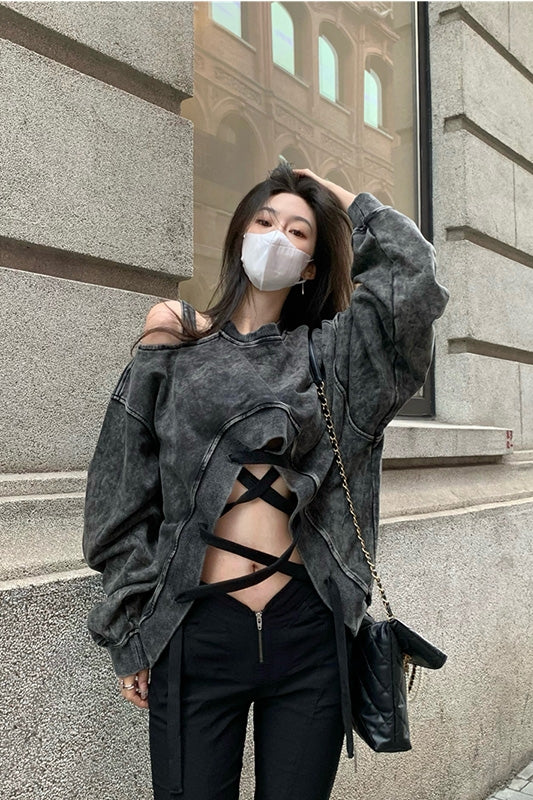 Women's Sloping Shoulder American Style Hollow Strap Loose Pullover