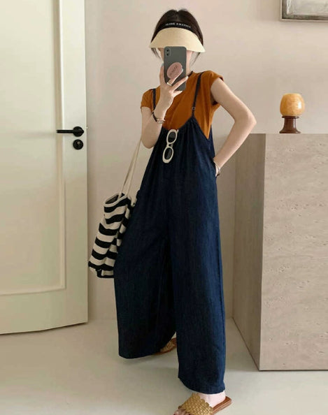 Denimoverall Sæt Løst Stort Størrelse Selestof Jumpsuit Kortærmet Todelt Sæt