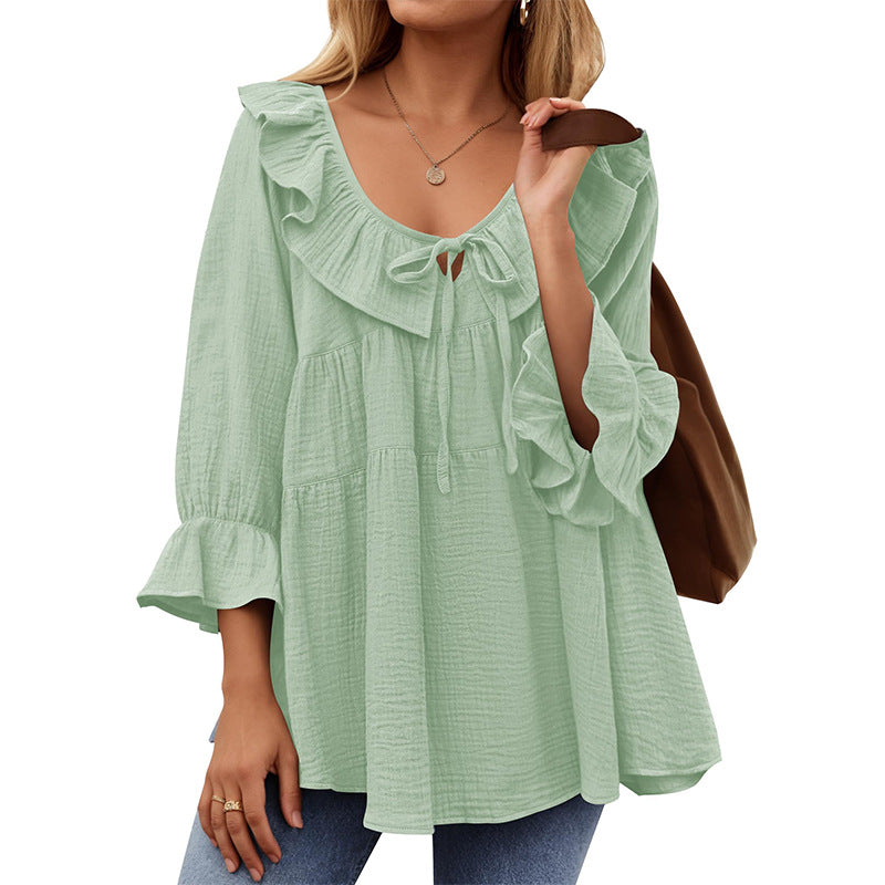 Round Neck Tied Front Dart Multi-layer Loose Waist Shirt