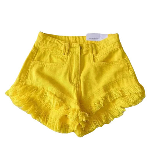 Denimshorts i koreansk og Hongkong-stil med mellemhøj talje, slidte detaljer og kvaster